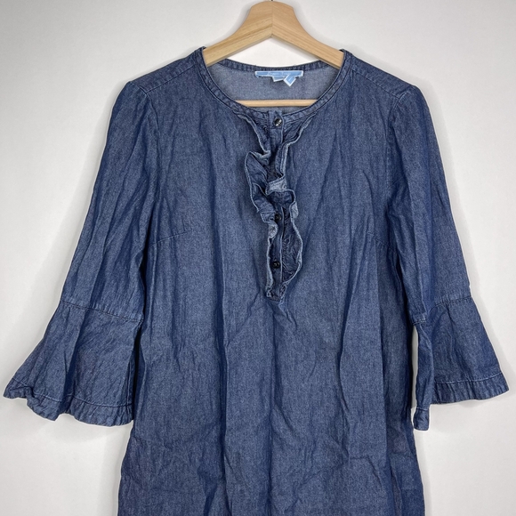 Draper James Ruffle Chambray Popover Dress 8 Dark Wash 3/4 Bell Sleeve #7466 - Picture 3 of 16